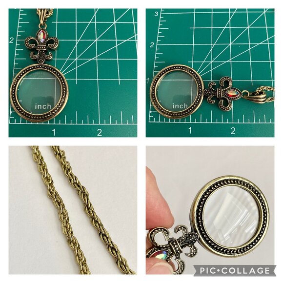Gold Fleur de Lis Necklace 29" X-Long Magnifying Glass Vintage Plus Size Plated - Picture 16 of 16